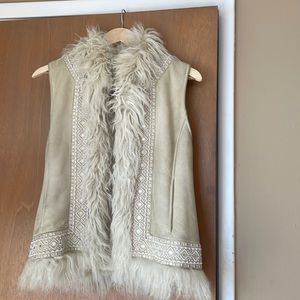 Tory Burch white embroidered shearling vest with furry trim
